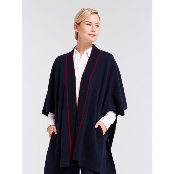 Draper James 100% Wool Cora Cape Open Cardigan in Nassau Navy & Maroon Red Trim - Picture 4 of 11